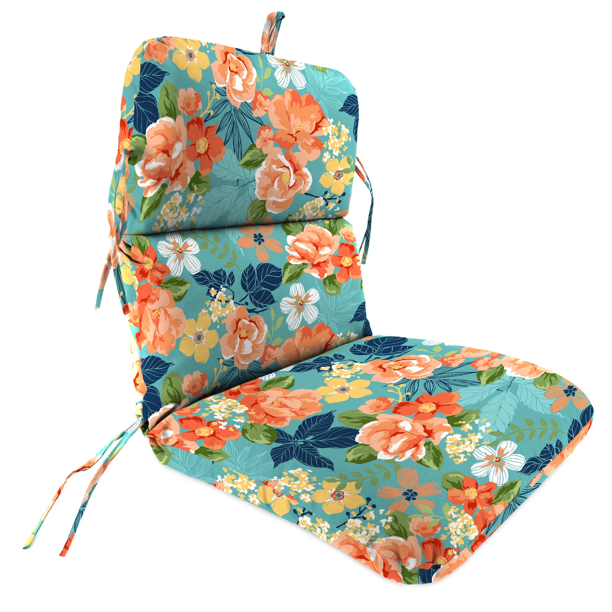 Jordan Manufacturing 45" x 22" Senorita Pelican Turquoise Floral Rectangular Outdoor Chair Cushion with Ties and Hanger Loop