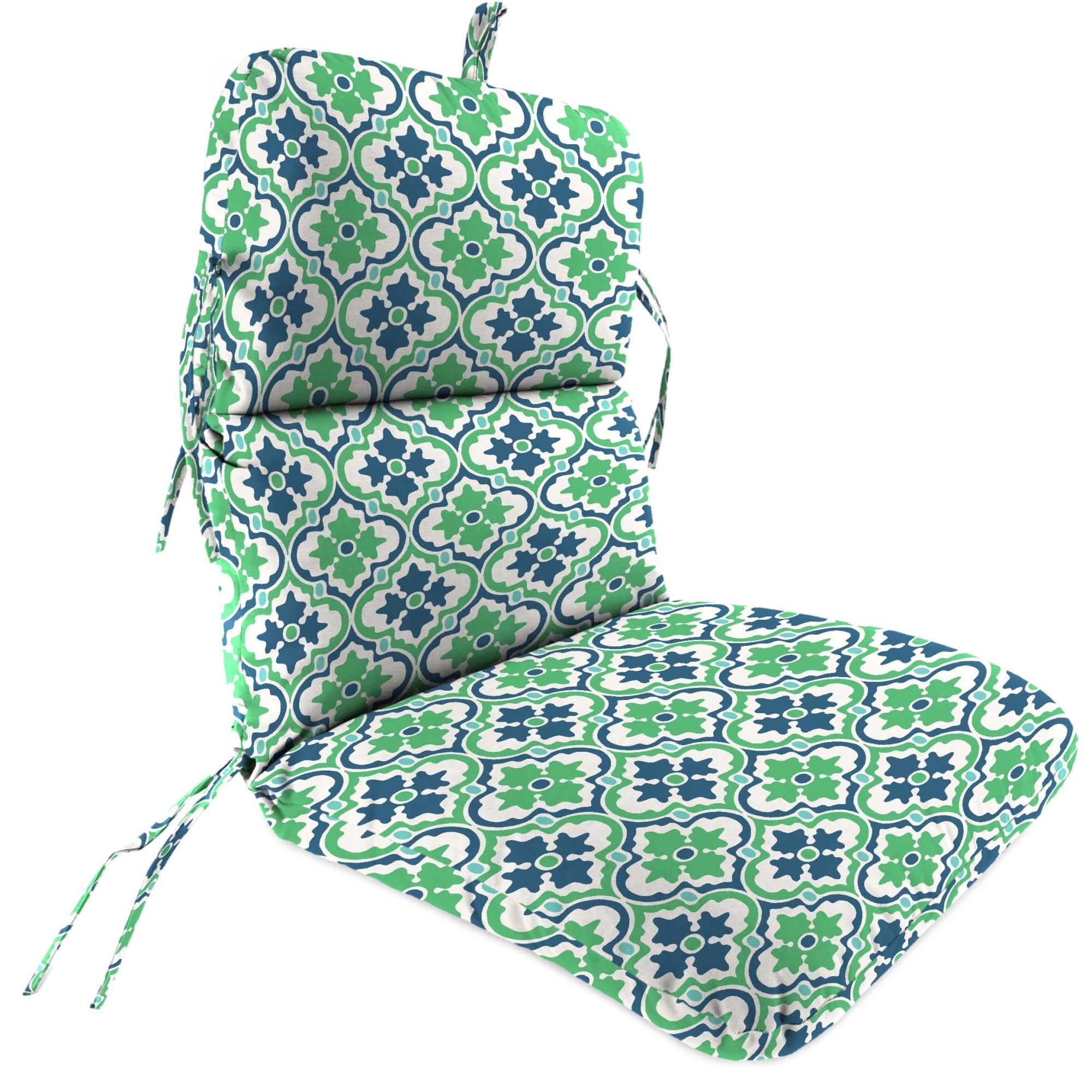 Jordan Manufacturing 45" x 22" Vesey Sea Mist Blue and Green Quatrefoil Rectangular Outdoor Chair Cushion with Ties and Hanger Loop
