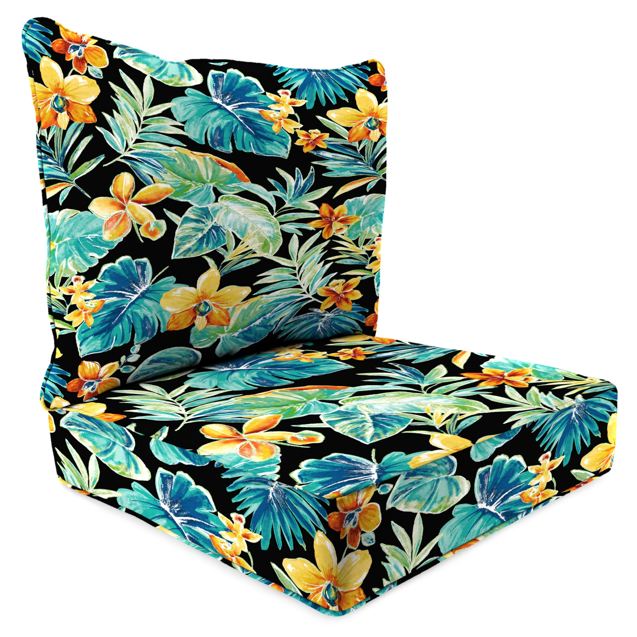 Jordan Manufacturing 46.5" x 24" Beachcrest Caviar Black Floral Rectangular Outdoor Deep Seat Chair Cushion Set with Welt