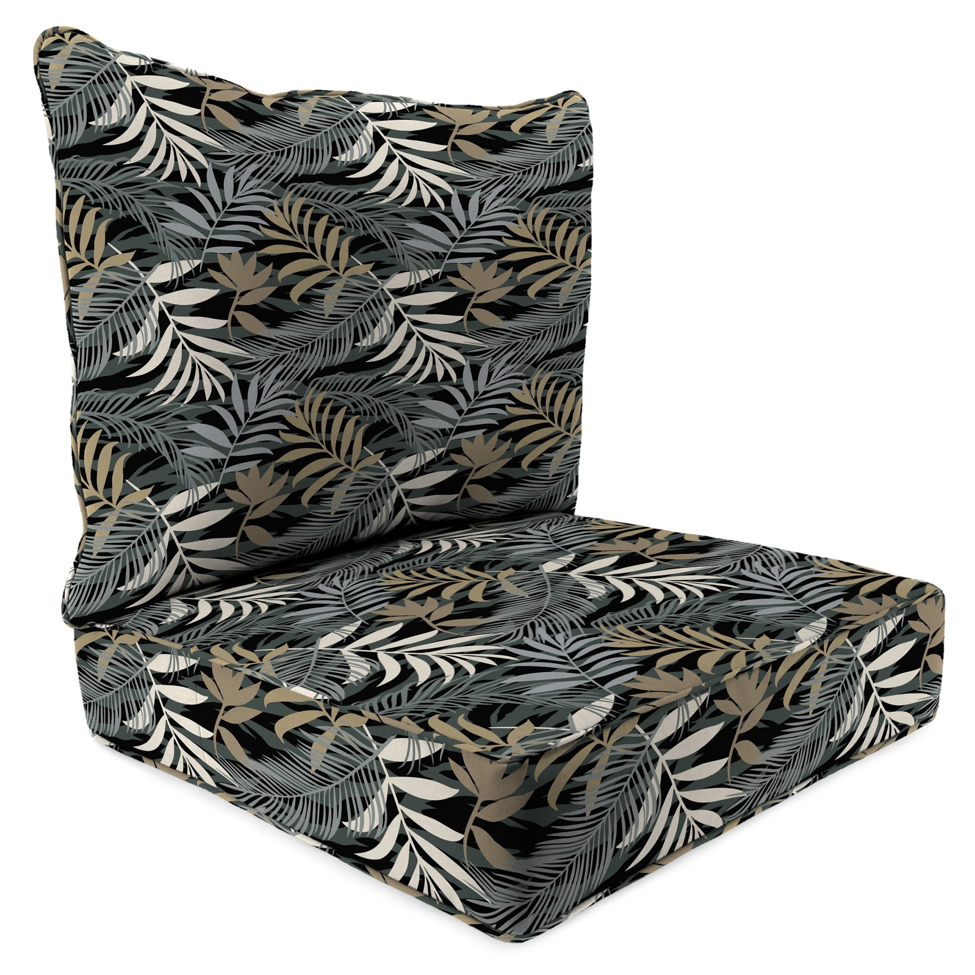 Jordan Manufacturing 46.5" x 24" Maryland Driftwood Black Leaves Rectangular Outdoor Deep Seat Chair Cushion Set with Welt