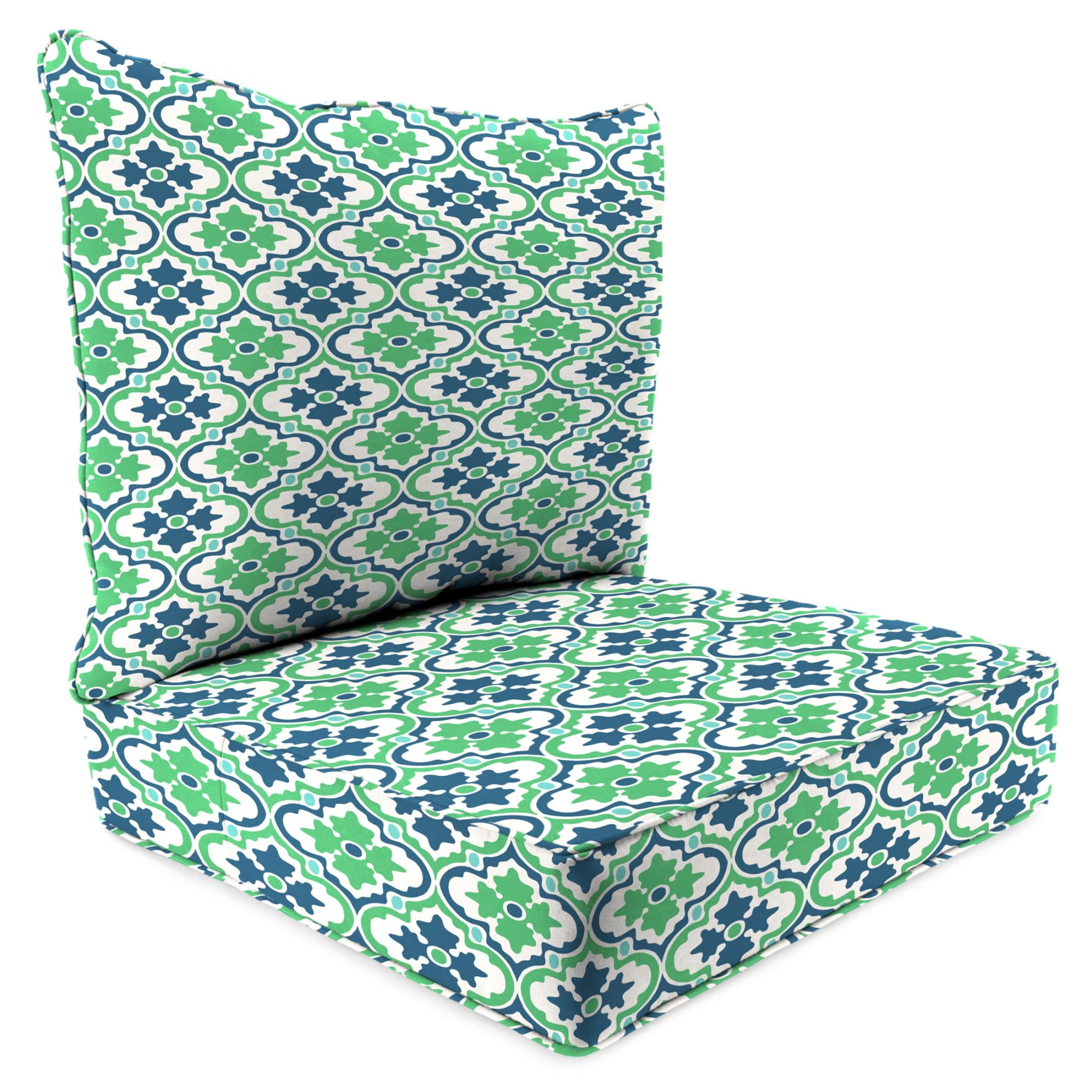 Jordan Manufacturing 46.5" x 24" Vesey Sea Mist Blue and Green Quatrefoil Rectangular Outdoor Deep Seat Chair Cushion Set with Welt