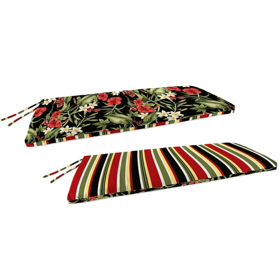 Jordan Manufacturing 48" x 18" Capulet Rojo Black Floral and Killian Rojo Multicolor Stripe Reversible Rectangular Outdoor Settee Swing Bench Cushion with Ties