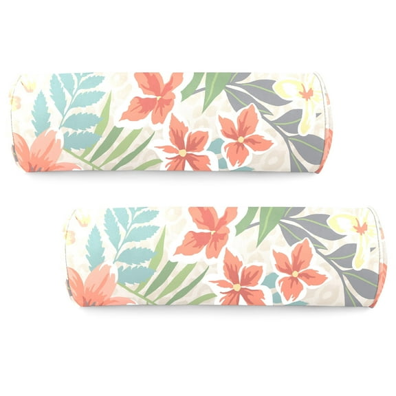 Jordan Manufacturing 7" x 17" Menda Tearose Multicolor Floral Round Outdoor Bolster Pillow with Welt (2 Pack)