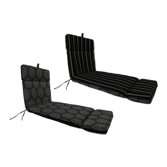Jordan Manufacturing 72" x 22" Chet Coal Black Geometric and Gallan Coal Black Stripe Reversible Rectangular Outdoor Chaise Lounge Cushion with Ties and Hanger Loop