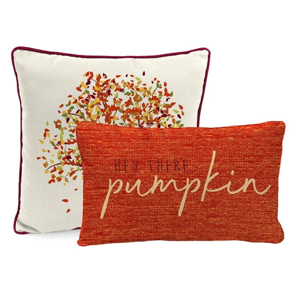 Jordan Manufacturing Orange Pumpkin Rectangular and Cream Tree Square 2 Piece Autumn Outdoor Throw Pillow Set