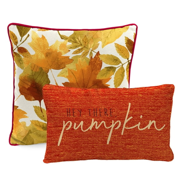 Jordan Manufacturing Orange Pumpkin Rectangular and Multicolor Leaves Square 2 Piece Autumn Outdoor Throw Pillow Set