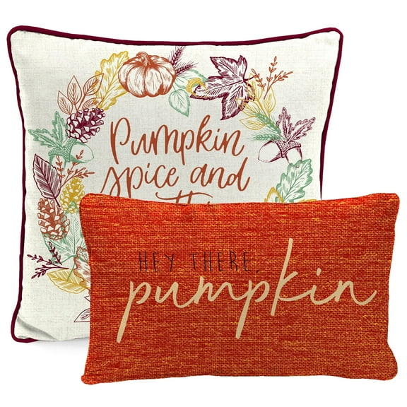 Jordan Manufacturing Orange Rectangular and Cream Pumpkin Reversible Square 2-piece Autumn Outdoor Throw Pillow Set