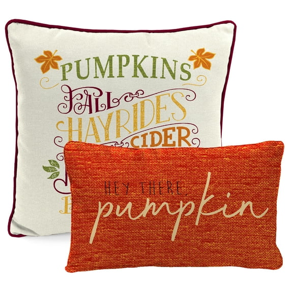 Jordan Manufacturing Orange Rectangular and Cream Pumpkin Reversible Square 2-piece Autumn Outdoor Throw Pillow Set