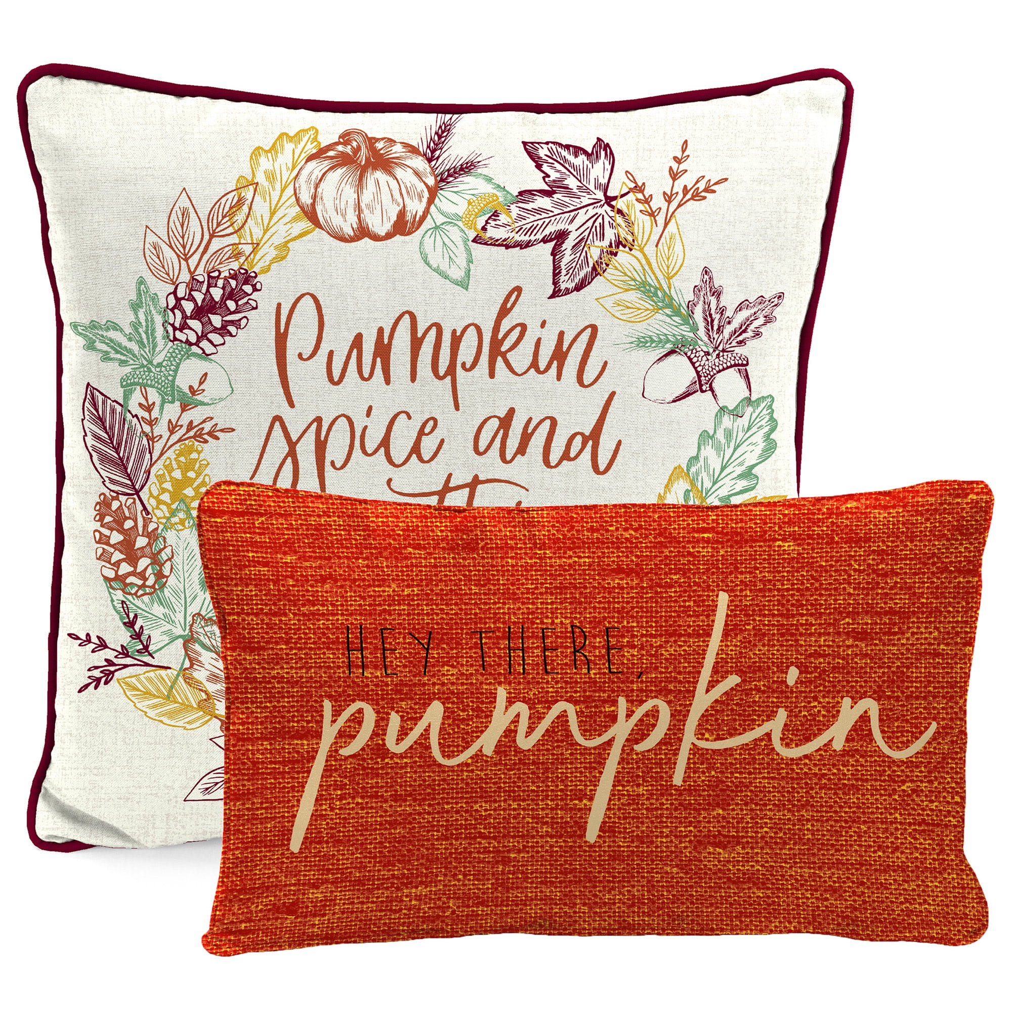 16" Cream and Orange Pumpkin Spice Outdoor Pillow Set