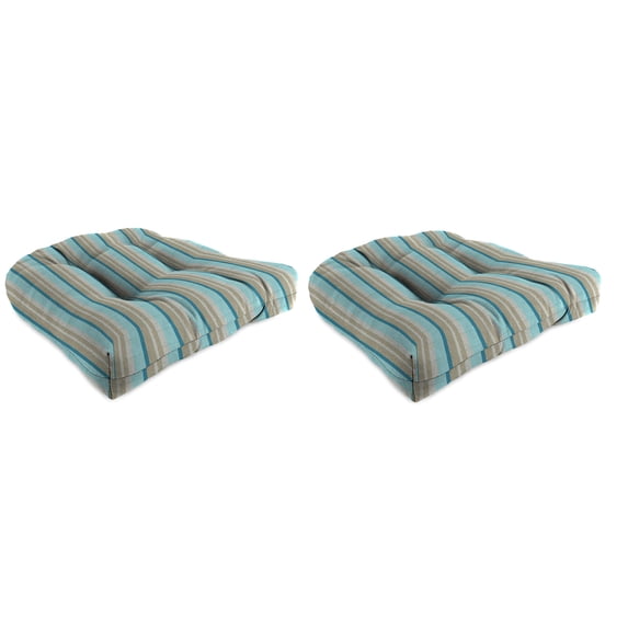 Jordan Manufacturing Sunbrella 18" x 18" Gateway Mist Blue and Beige Stripe Square Tufted Contoured Outdoor Wicker Seat Cushion (2 Pack)
