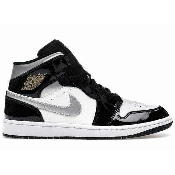 Jordan Men's 1 Mid SE Patent Black White Metallic Silver Metallic Gold Shoes, from StockX
