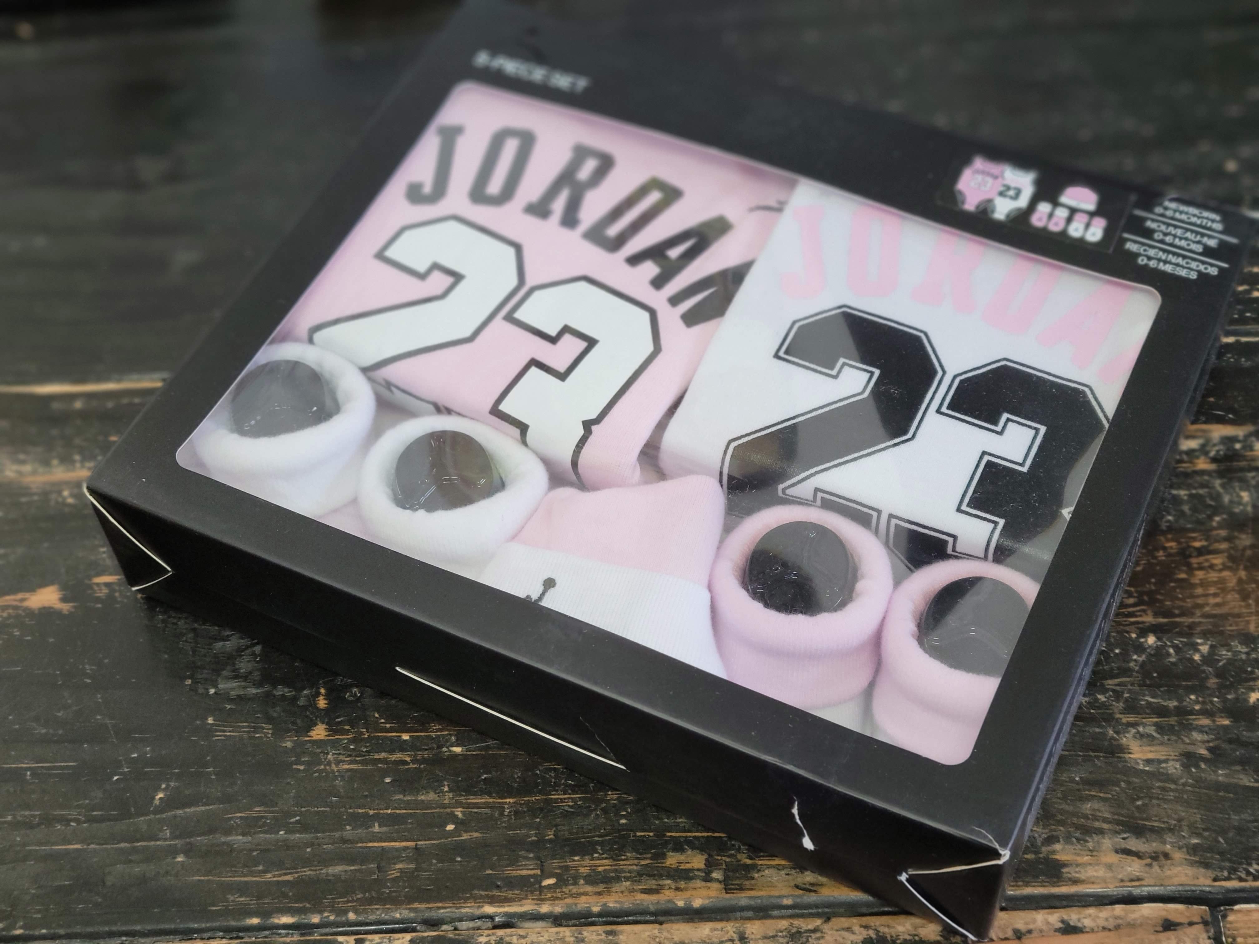 Jordan Socks Newborn Onesie & Beanie Gift Set, Pink/White, 0-6M, 5-Piece