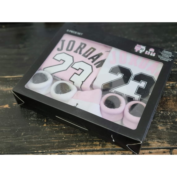 Jordan Socks Newborn Onesie & Beanie Gift Set, Pink/White, 0-6M, 5-Piece