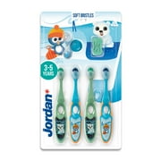 Jordan Step 2 Kids Toothbrush, 3-5 Years, Soft Bristles, BPA Free (4 Pack) Blue & Green