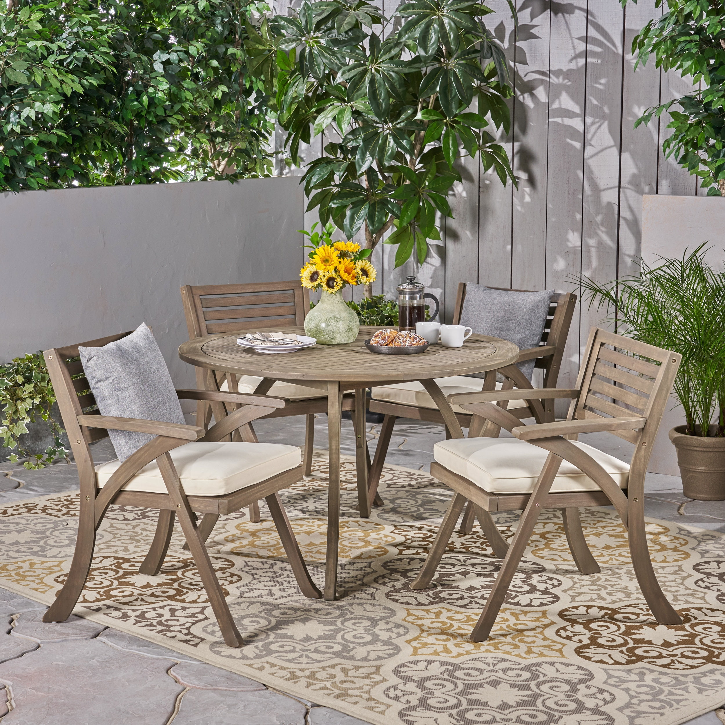 Jordy Outdoor 5 Piece Acacia Wood Dining Set with Round Table, Gray, Crème