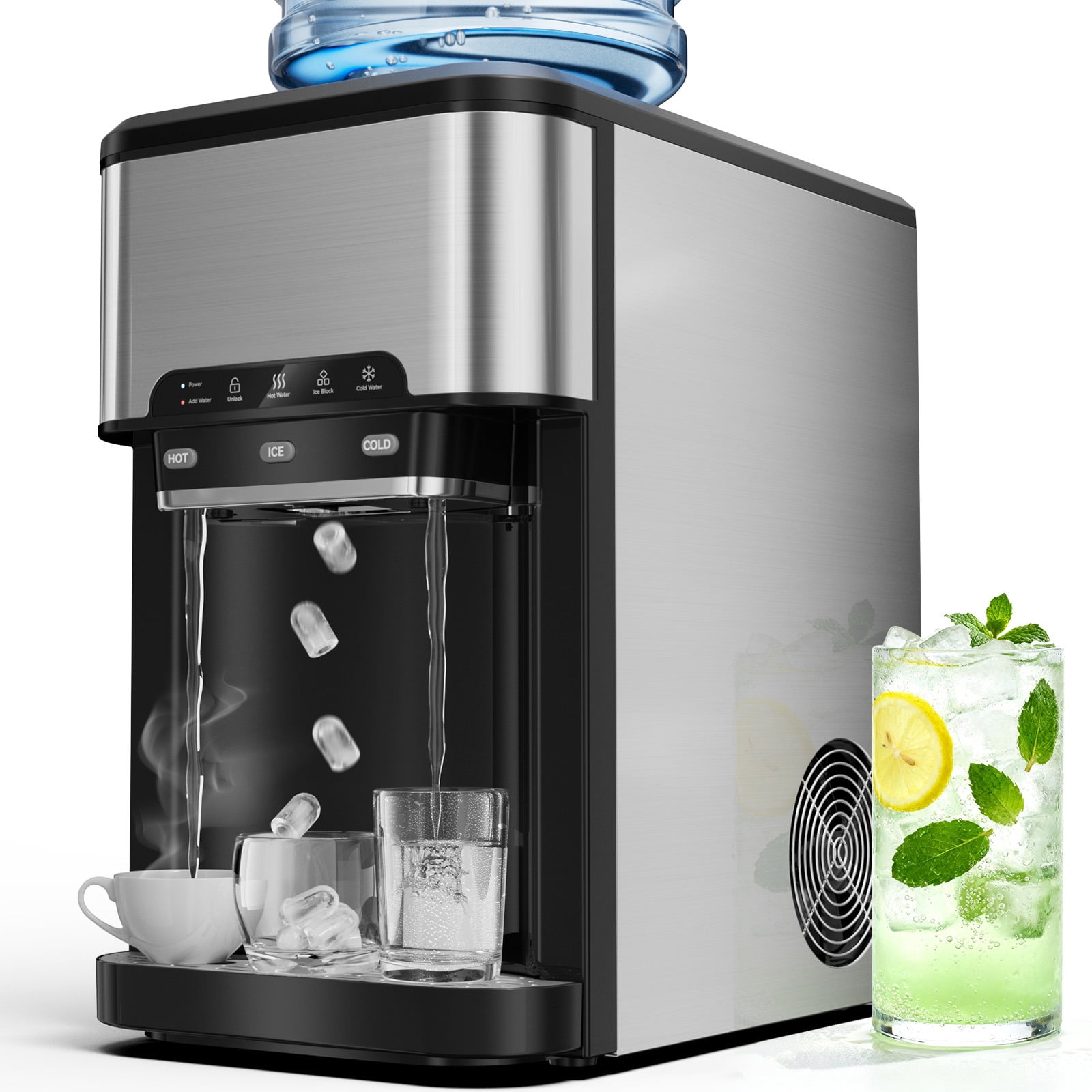 Joreek 3-in-1 Water Dispenser with Ice Maker, Cold & Hot Water Dispenser with Countertop Ice Maker, Loading 3 or 5 Gallon Bottle for Home/Kitchen/Office