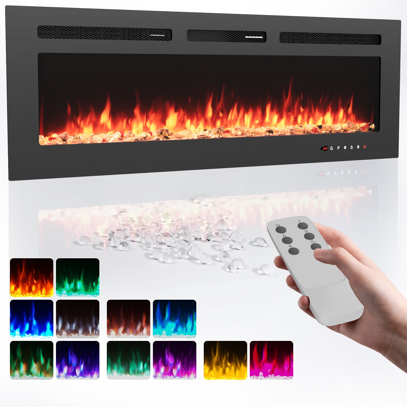 Joreek 50 inches Electric Fireplace, 5000BTU, 1500W/750W Wall-Mounted, Recessed, Freestanding, Home Heater with Touch Screen Remote Control, 12H Timer, Black