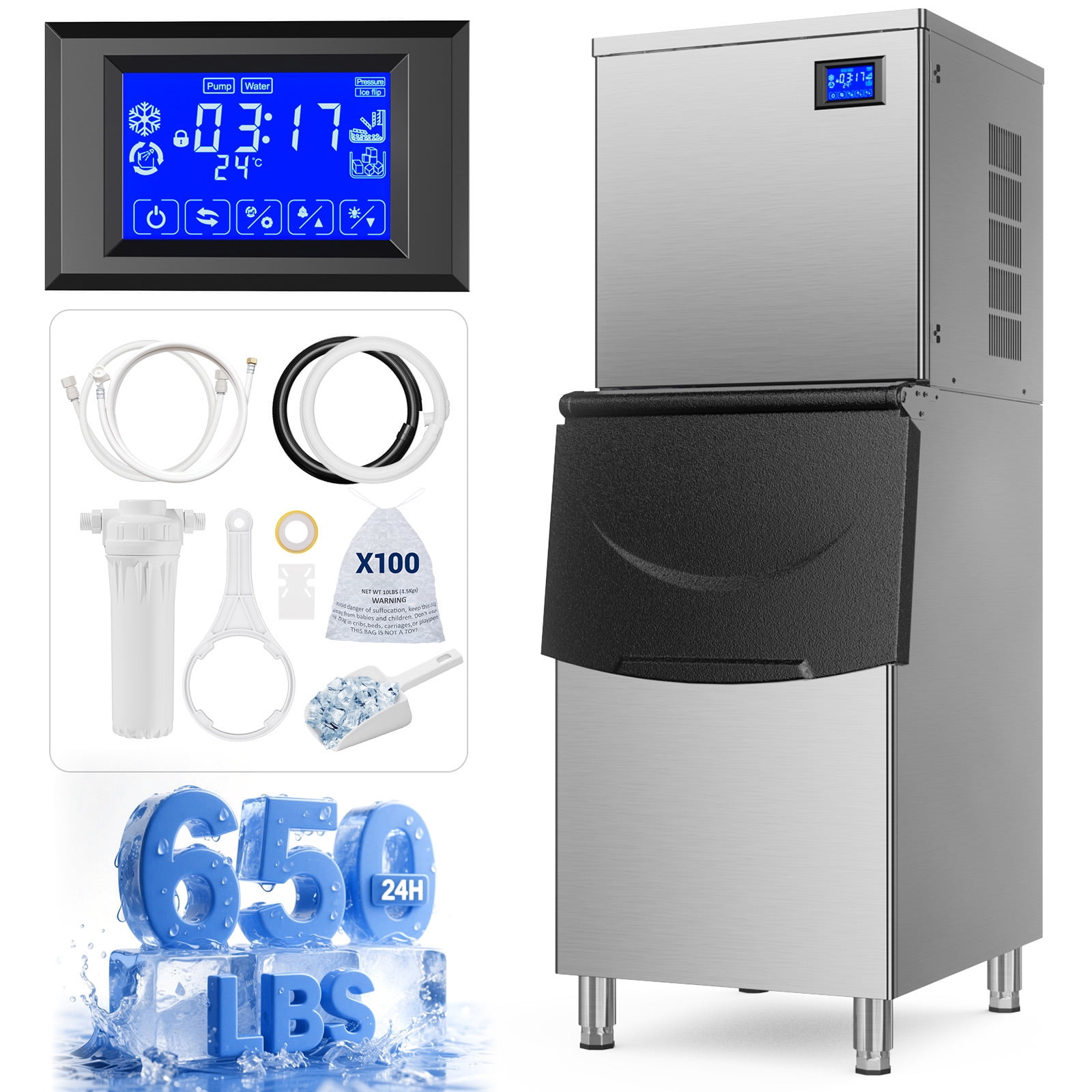 Joreek Commercial Ice Machine 650 Lbs/24H, 450Lbs Large Storage, Ice Ready in 8-15 Min, ETL Approval, Powerfull Compressor, Auto Cleaning, Stainless Steel ice Maker for Bar Cafe Restaurant