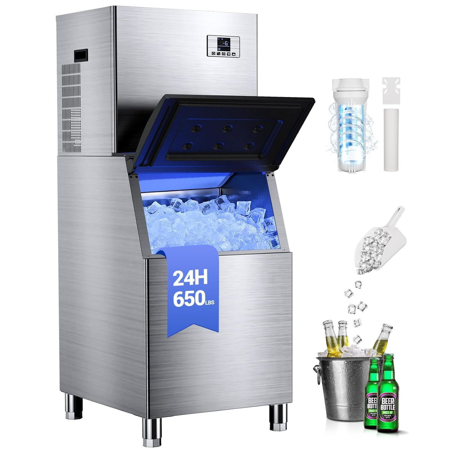 Joreek Commercial Ice Machine 650LBS/24H with 400LBS Storage Bin Large Industrial Ice Maker Self-Cleaning Timing Function 210 Ice Cubes in 5-15min, Adjustable Ice Thicknesses