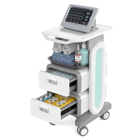 Mobile Ultrasound Cart with Wheels, Medical Car with 2 Drawers Ultrasound Imaging Scanner Vehicle Rolling Utility Cart for Hospital Office Bedroom Medical Clinic Beauty Salon
