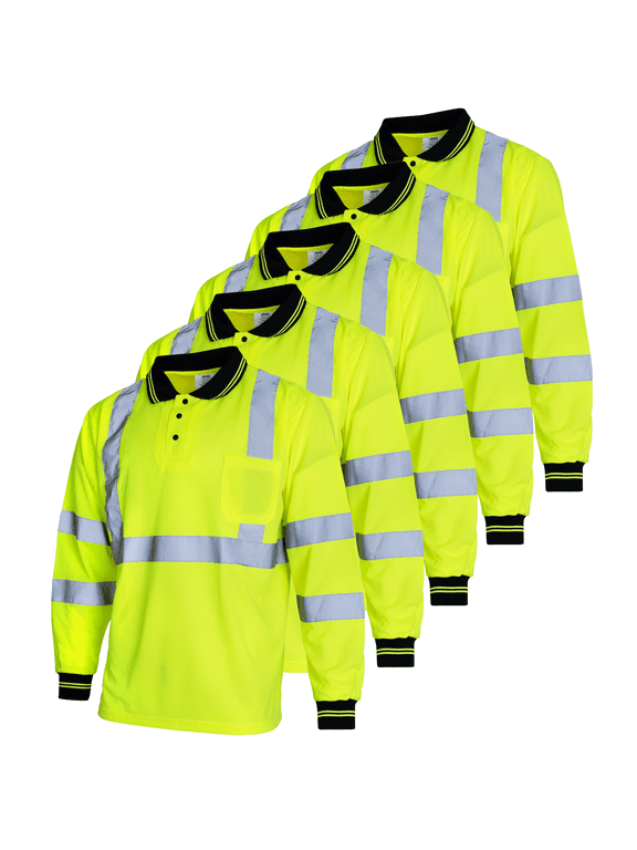 ANSI Class 1 Hi-Vis Long Sleeve Polo Safety Shirt, Yellow, 5 Pieces (Men's Large)