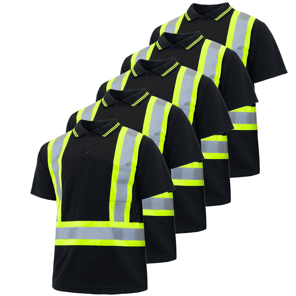 Jorestech Hi-Vis Short Sleeve Reflective Safety Polo Shirt, Black, 5 Pack, (L)