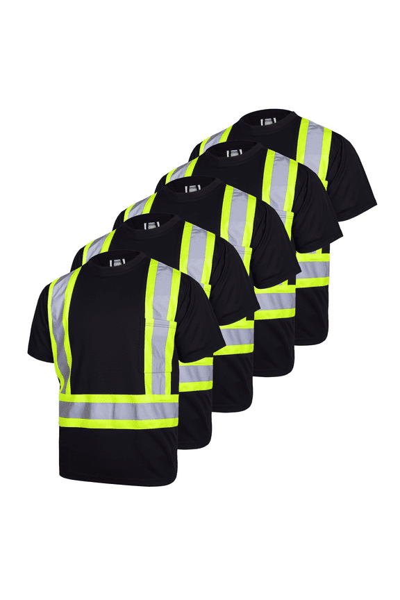 Hi-Vis Short Sleeve Reflective Safety Shirt, Balck, 5 Pack (2XL)