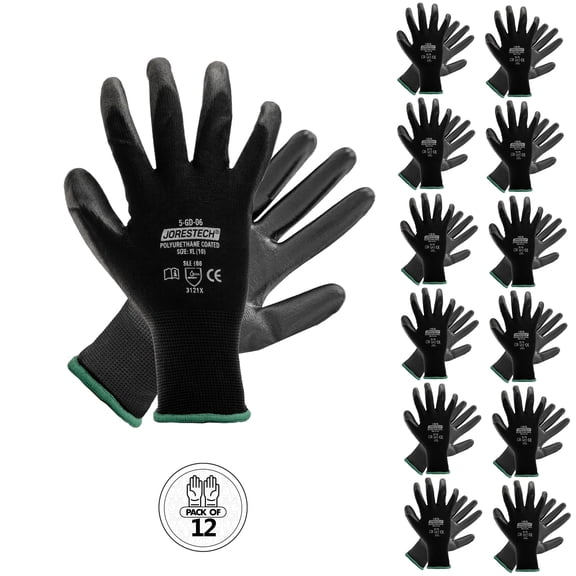 Jorestech PU Coated Work Gloves with Lightweight Polyester Liner, EN 388 3121X, 12-Pair Pack