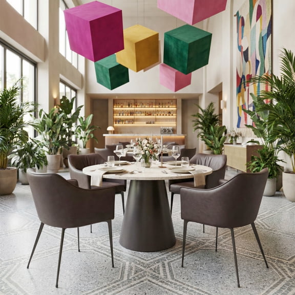 Jorf Dining Table Beige & Bronze Dining Table, Modern Style, Faux Terrazzo MDF round shape tabletop, Steel, Indoor Dining