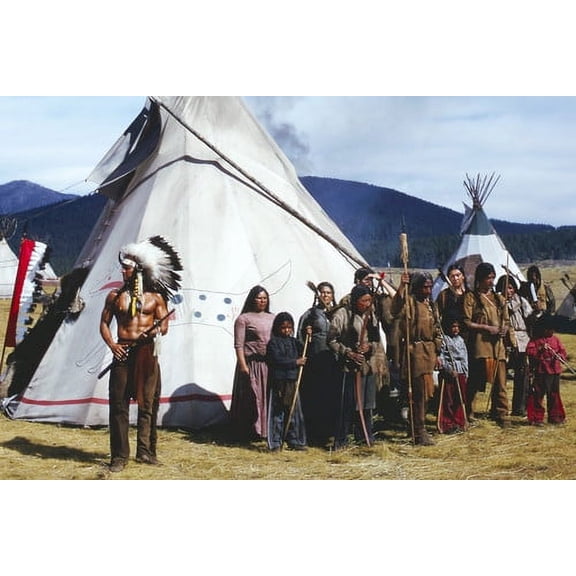 Jorge Rivero in Soldier Blue Indian chief standing with tribe by teepee 24x36 Poster