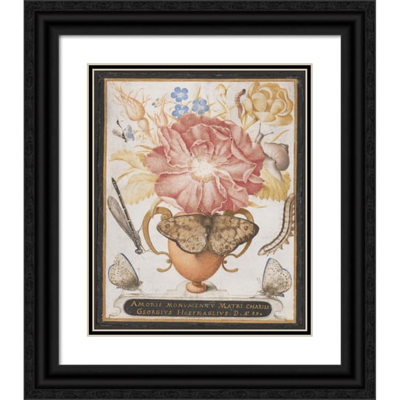 Joris Hoefnagel 20x24 Black Ornate Framed Double Matted Museum Art Print Titled: Still Life with Flowers, a Snail and Insects (1589)