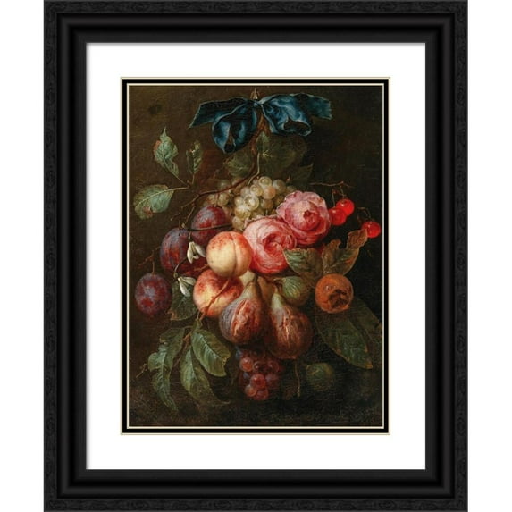 Joris van Son 14x18 Black Ornate Wood Framed Double Matted Museum Art Print Titled - Fruit and Flowers Hanging from a Ribbon