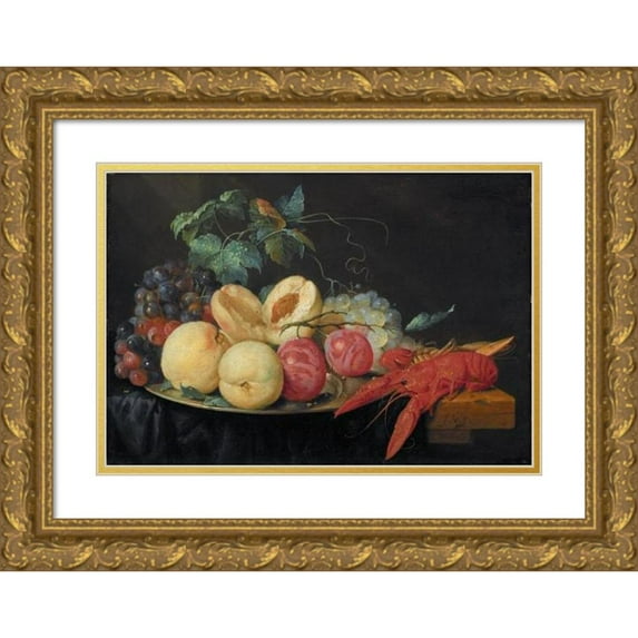 Joris van Son 18x13 Gold Ornate Wood Frame and Double Matted Museum Art Print Titled - Still Life with Fruit and Boiled Crayfish