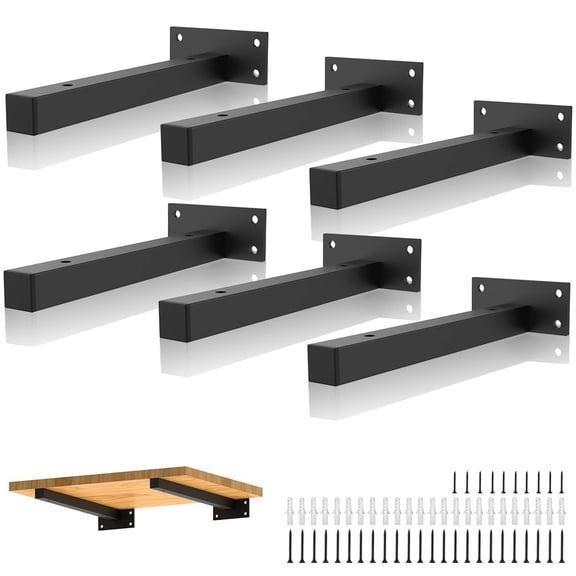 Jorohiker Floating Shelf Brackets 10 Inch, Heavy Duty Black Industrial Pipe Brackets Metal Wall Mounted with Screws & Anchors for DIY Home Decor / Storage / Farmhouse, 6 Pack