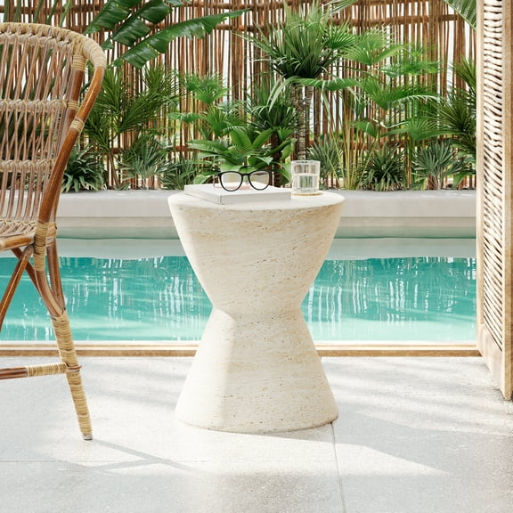 Jorrel Outdoor Patio Round Hourglass Accent Table, Concrete, Beige Travertine