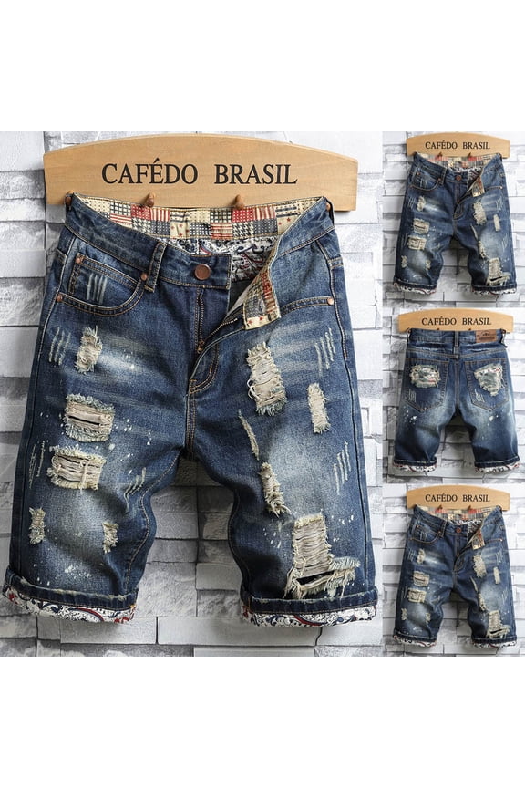 Jorts Men Loose Wide Leg Denim Shorts Ripped Distressed Decorative Draped Casual Men Jeans Blue 31