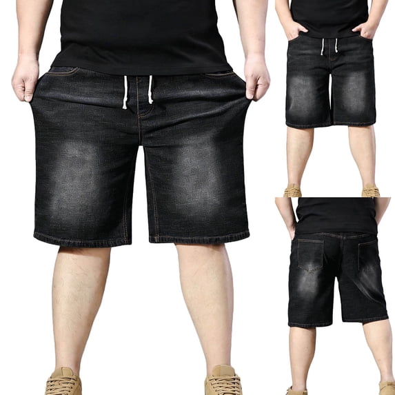 Jorts for Men Summer Stretch Denim Shorts Elastic Waistband with Drawstring Lightweight Relaxed Fit Straight Leg Baggy Fit Jean Shorts Men's Big & Tall Size 2XL-5XL Black