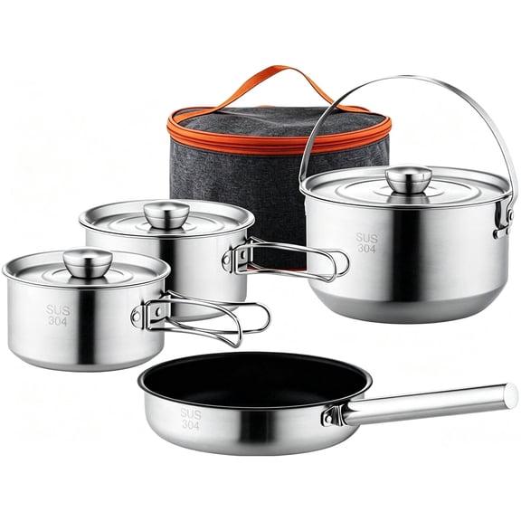 Jorunhe 4 Piece Stainless Steel Camping Cookware Set with Pots and Frying Pan for Outdoor Picnic