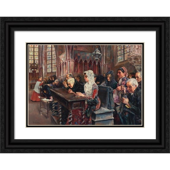 José Gallegos Y Arnosa 24x18 Black Ornate Framed Double Matted Museum Art Print Titled: A Misa (Mass) (1900)