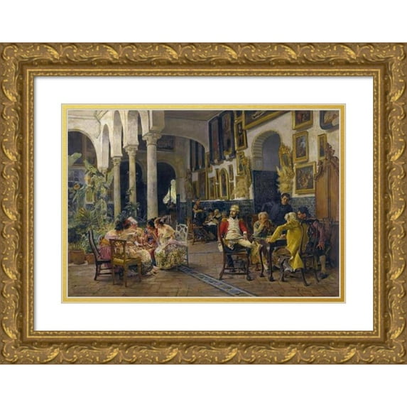 José Jiménez y Aranda 14x11 Gold Ornate Wood Frame and Double Matted Museum Art Print Titled - Conversation in a Sevillian Courtyard (1881)