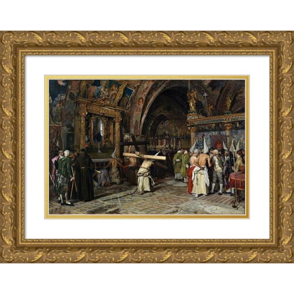 José Jiménez y Aranda 18x13 Gold Ornate Wood Frame and Double Matted Museum Art Print Titled - Penitents in the Lower Basilica of Assisi (1874)