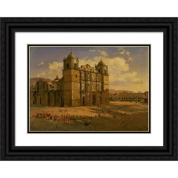 José María Velasco 14x11 Black Ornate Wood Framed Double Matted Museum Art Print Titled: Oaxaca Cathedral (1887)