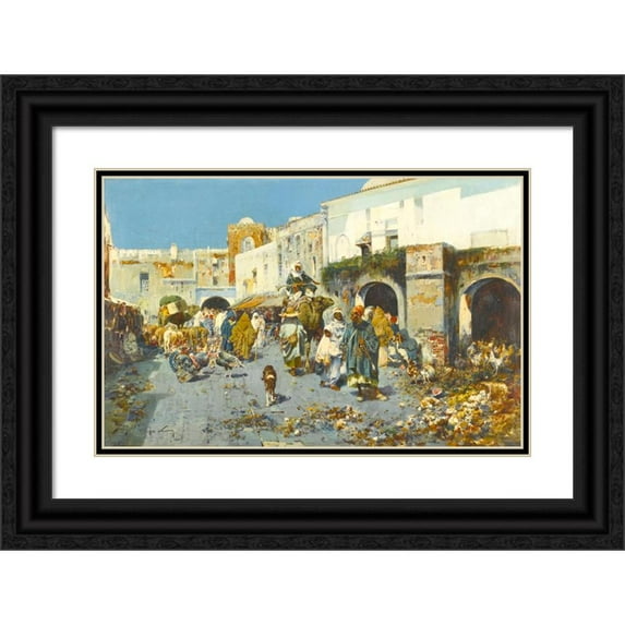 José Navarro y Llorens 18x13 Black Ornate Wood Framed Double Matted Museum Art Print Titled - A Bustling Street (1900)