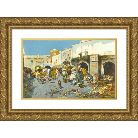 José Navarro y Llorens 18x13 Gold Ornate Wood Frame and Double Matted Museum Art Print Titled - A Bustling Street (1900)