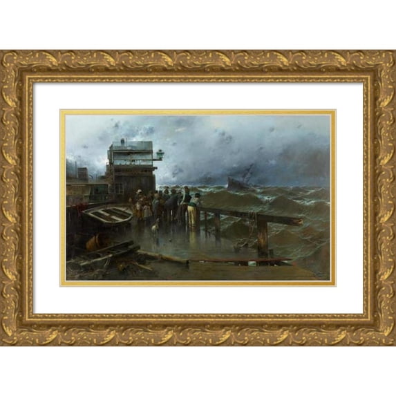 José Navarro y Llorens 18x13 Gold Ornate Wood Frame and Double Matted Museum Art Print Titled - Shipwreck Warning (1894)