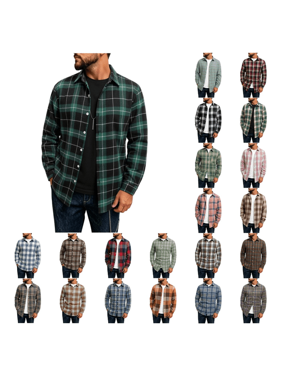 Men Classic Plaid Flannel Button Down Shirt, Turndown Collar Long Sleeve Overshirt Jacket, Warm Fall Winter Casual Layering Shacket Tops S-XXL