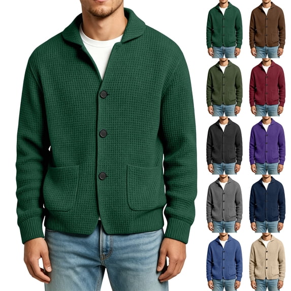 Josdec Men Waffle Knit Lapel Cardigan Jacket, Solid Color Long Sleeve Button Front Outerwear, Casual Fall Winter Layering Tops S-5XL