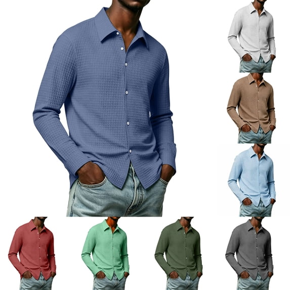 Josdec Men Waffle Textured Knit Button Down Shirt, Turndown Collar Solid Long Sleeve Top, Lightweight Breathable Summer Daily Casual Shirts S-XXXL