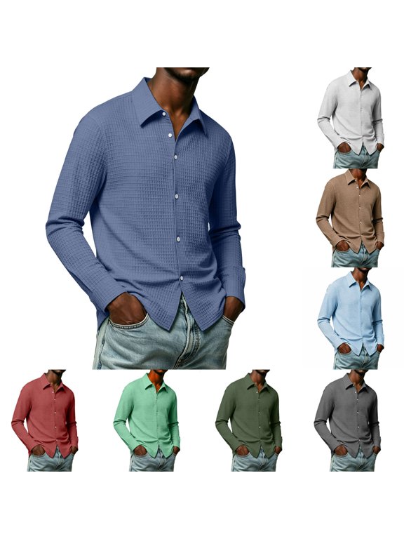 Men Waffle Textured Knit Button Down Shirt, Turndown Collar Solid Long Sleeve Top, Lightweight Breathable Summer Daily Casual Shirts S-XXXL