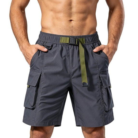 Josdec Men's Casual Cargo Shorts Solid Color with Multi-Pockets Adjustable Belt Elastic Waist Work Pants